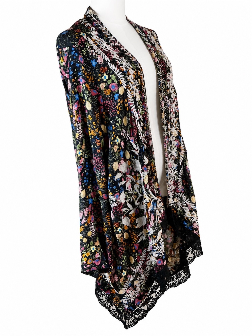 Sundance Floral Embroidered Cardigan Kimono | Boho Open Front Lace Trim | Women - Picture 4 of 11